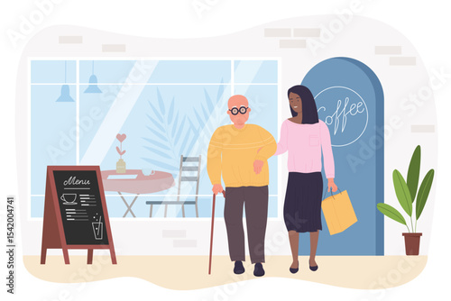 Senior man with caregiver or nurse walking near cafe vector illustration. Cartoon young woman assisting elderly person with disability. Professional nursing service, recovery, retirement concept