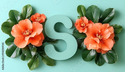 Letter S, flowers, and leaves, all in light green background, flat lay. Great for initials, invitations, or personalized designs.