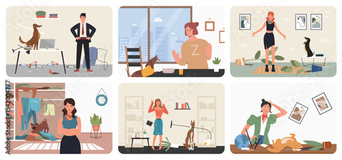 Bad dog, puppy behavior problem set vector illustration. Cartoon naughty doggy pets play in dirty room interior with mess and chaos, disobey angry man woman owner characters, eating clothes background