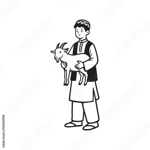 Silhouette of Boy Holding Goat During Eid-ul-Adha Qurbani – Islamic Festival Line Art Vector

