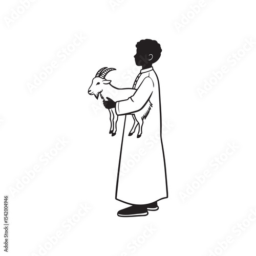 Silhouette of Boy Holding Goat During Eid-ul-Adha Qurbani – Islamic Festival Line Art Vector

