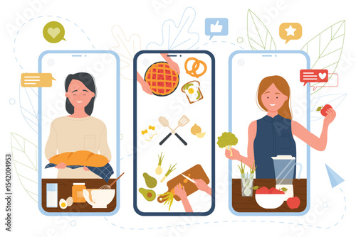 People cooking and baking online vector illustration. Cartoon woman blogger holding fresh bread and pie, slicing vegetables on screen of mobile phone. Cooking show, chef channel, master class concept