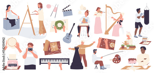 Creative art hobby set vector illustration. Cartoon happy artist people playing musical instrument, photographer standing with camera, artist with brush and easel isolated on white. Creativity concept