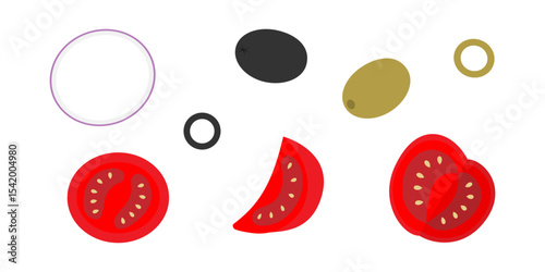 Sliced Tomato Onion rings and olive fruits Colorful Salad ingredients Vegetables Design element Set