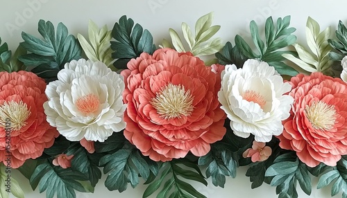 Paper flowers and leaves in coral and white tones, flat lay style. Ideal for wedding invitations, greeting cards, or website backgrounds.