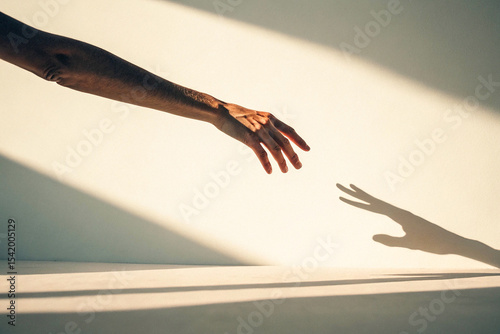 A slender, outstretched hand reaches towards the sky, its fingers delicately extended as if grasping for something just out of reach. 
