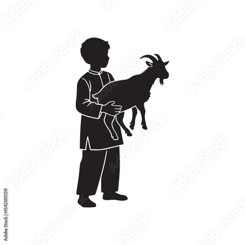 Silhouette of Boy Holding Goat During Eid-ul-Adha Qurbani – Islamic Festival Line Art Vector


