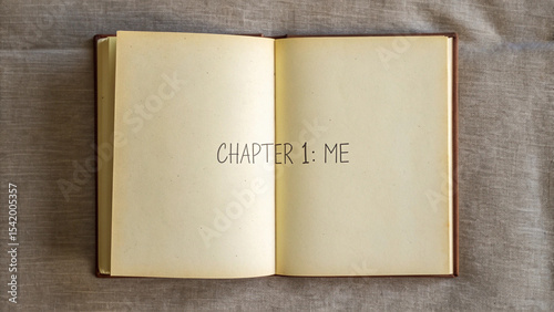 Open book with chapter one me inscription on the blank pages over fabric background