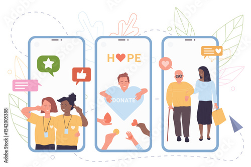 Online charity platform vector illustration. Cartoon people donate contribution of money, blood and hearts to volunteers, help from caregiver to elderly person. Philanthropy, solidarity concept