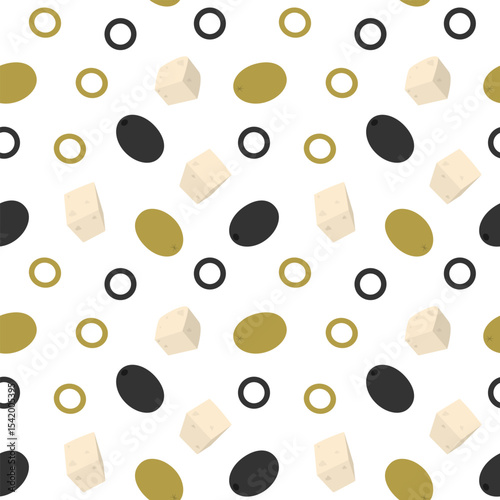 Freehand Cheese cubes in various positions and olives Fruits and sliced Seamless Pattern Food fond