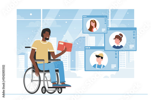 Teacher with disability reading book for students online vector illustration. Cartoon kids training with man sitting in wheelchair on interactive virtual video lecture. Education, knowledge concept