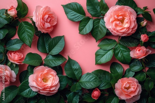 Pink roses with green leaves placed on a pink textured background. Perfect backdrop for feminine designs or floral related products.
