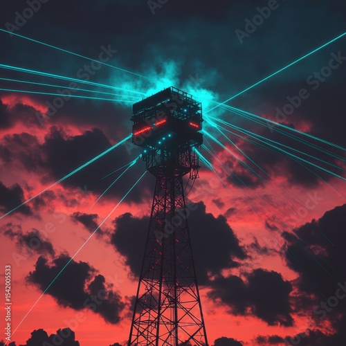 Futuristic Tower with Lasers at Sunset