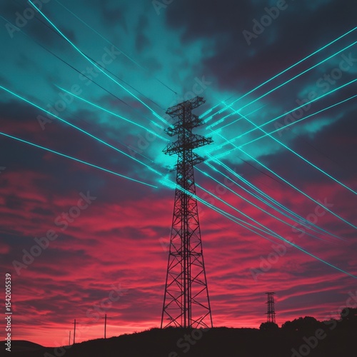 Power Line and Tower with Colorful Sky