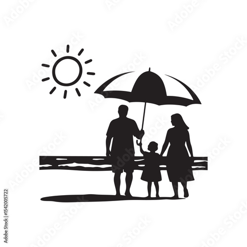 Silhouette of Family Relaxing at Beach Under Umbrella – Summer Vacation Vector Illustration