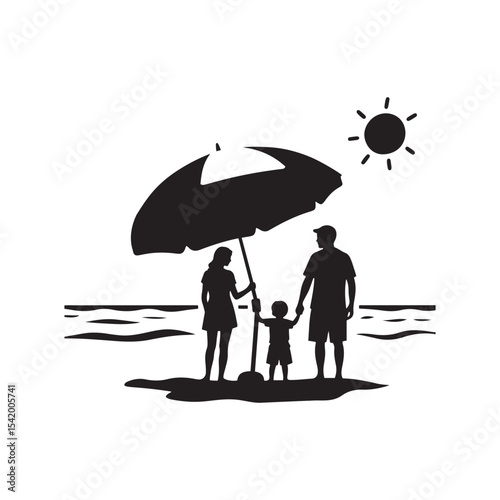 Silhouette of Family Relaxing at Beach Under Umbrella – Summer Vacation Vector Illustration