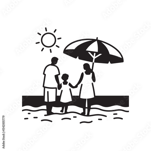 Silhouette of Family Relaxing at Beach Under Umbrella – Summer Vacation Vector Illustration