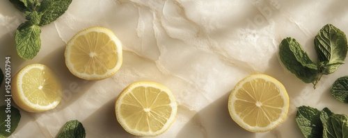 Lemon and Mint Still Life on Marble