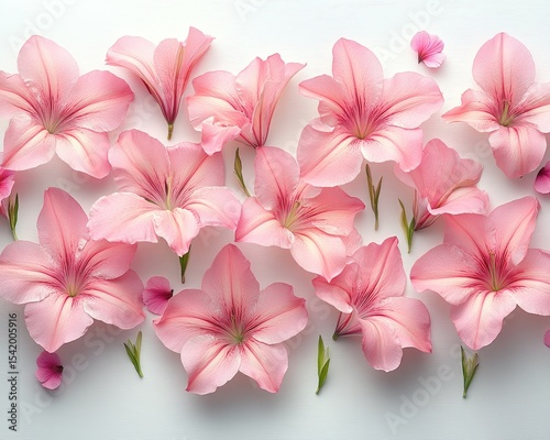 Pink Alstroemeria flowers are arranged on a white textured surface. This floral background is perfect for invitation cards and romantic projects.