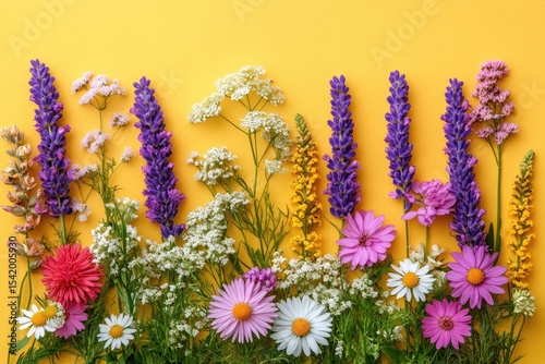 Flowers arranged on yellow, contains daisies and lavender too. Use it for backgrounds, designs, nature, and springtime concepts.
