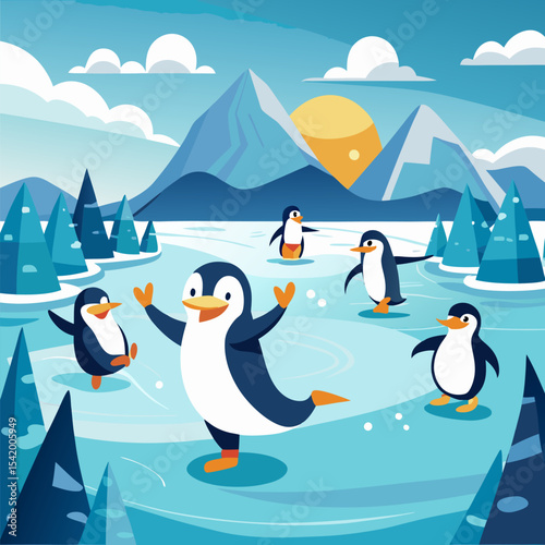 Group of Penguins Dancing on a Frozen Lake Illustration
