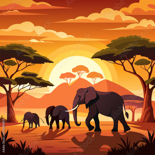 elephants in the sunset