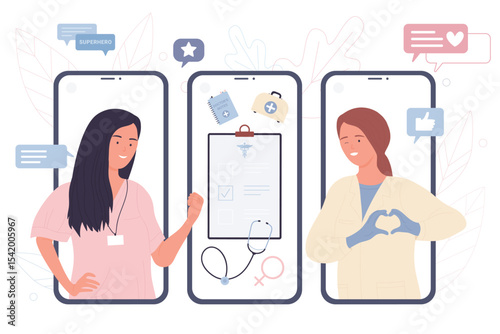 Online communication of doctors with patient vector illustration. Cartoon hospital team of specialists on screens of mobile phones, physician showing heart with hands. Healthcare app, medicine concept