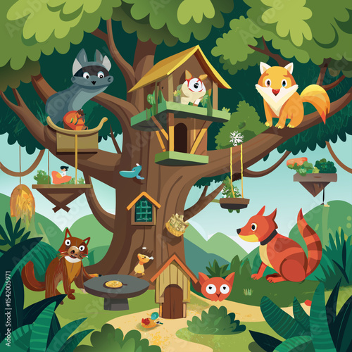 Hidden Tribe of Animals Living in Treehouses Illustration