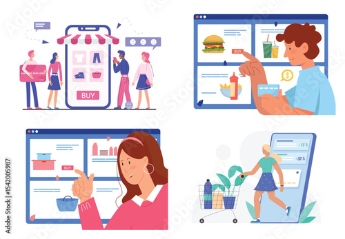 People shopping online set vector illustration. Cartoon buyer woman man characters choosing grocery products or clothes to buy in application of retail store or supermarket. Online shop app concept