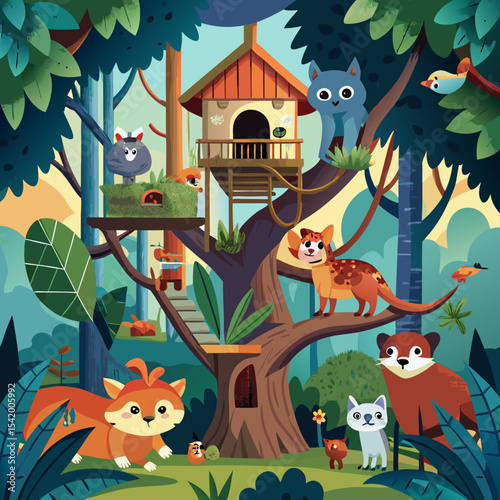 Hidden Tribe of Animals Living in Treehouses Illustration