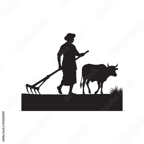 South Asian Farmer with Plough and Cow Silhouette – Rural Life Scene Vector Illustration
