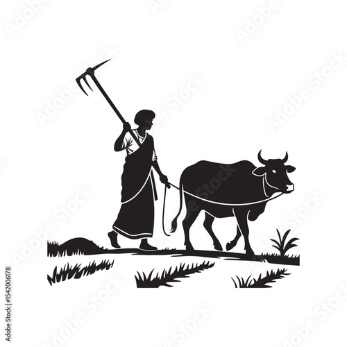 South Asian Farmer with Plough and Cow Silhouette – Rural Life Scene Vector Illustration