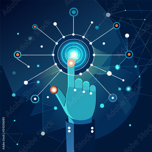 Human Hand Touching a Digital Interface with Futuristic Technology Holographic UI Illustration