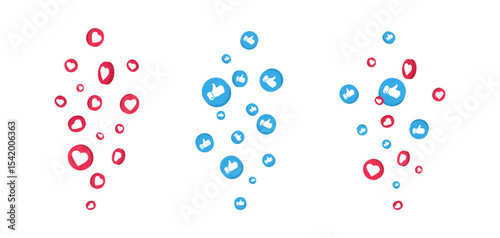 Flying like icon set. 3D heart sticker in red, blue flying on white background. Live stream banner. Perfect for social media, love. Falling marketing button. Vector Illustration