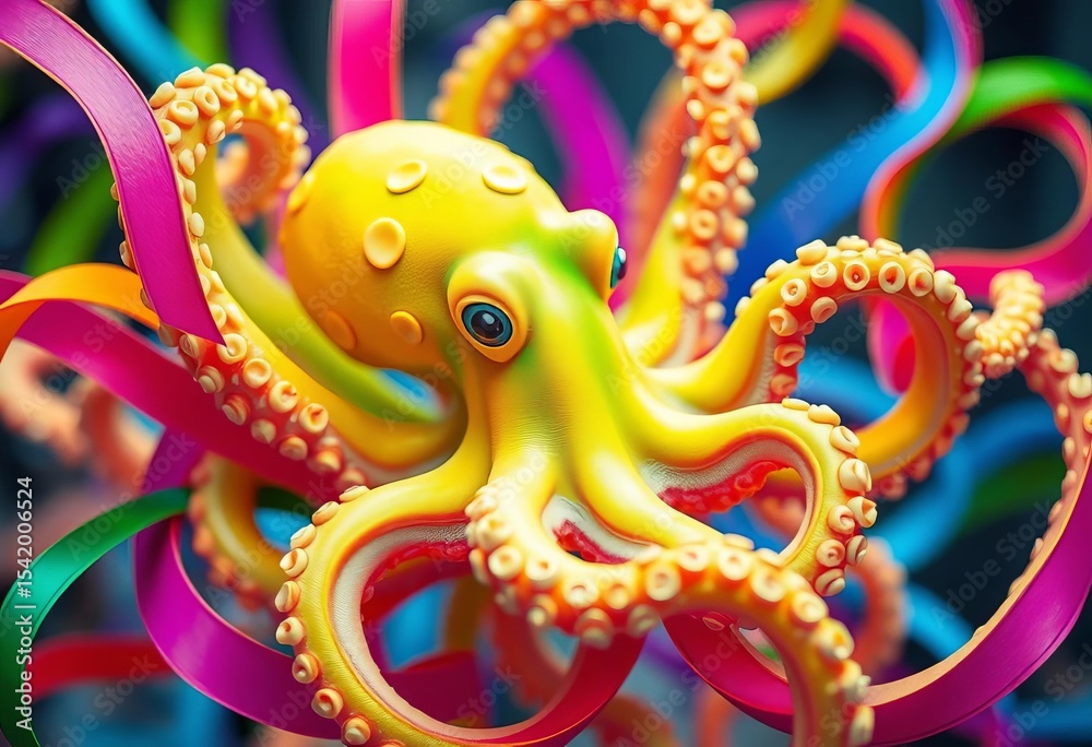 Obraz premium Whimsical octopus entangled in vibrant ribbons; organic unity, ribbon entanglement, illustration