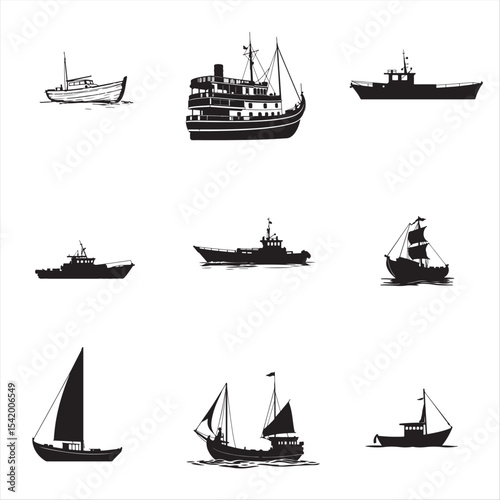 set of silhouettes of boats
