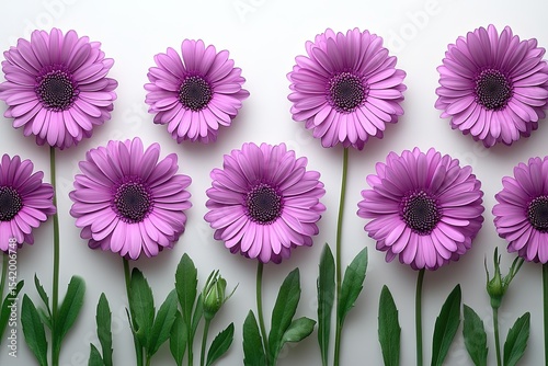 A row of elegant purple gerbera daisies on white background. Use for spring, nature, or floral themed designs.
