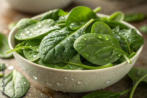 Fresh green spinach leaves arranged neatly in a bowl, captured in a close-up view. 
