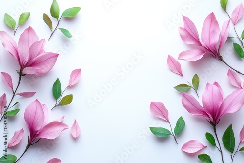Pink magnolia blossoms and green leaves lie on white. Use for invitations, cards, backgrounds, or web designs.