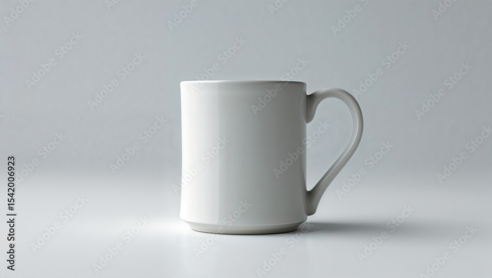 A minimalist image showcasing a single white ceramic mug against a plain light gray background space A minimalist image showcasing a single white ceramic mug against a plain light gray background space
