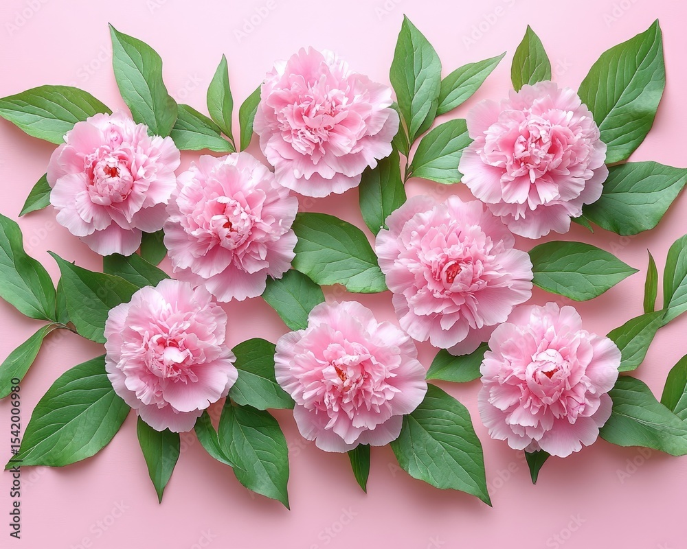 custom made wallpaper toronto digitalPink peony blossoms and green leaves on pink surface, top view. Use for cards, designs, backgrounds, or romantic spring holiday projects.