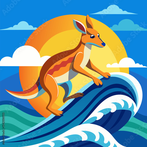 Kangaroo Surfing Waves at a Beach Illustration