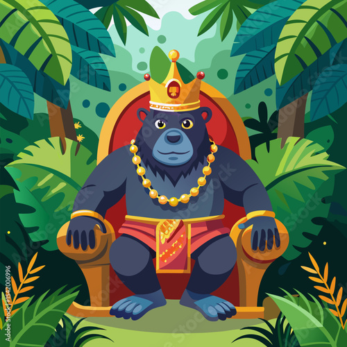 King Gorilla Wearing a Crown Sitting on a Jungle Throne Illustration