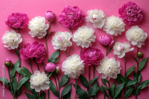 Pink peonies and white peonies are arranged on pink backdrop. Use it for spring, summer designs, or any floral background needs.