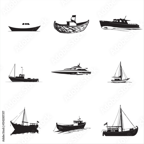 set of silhouettes of boats