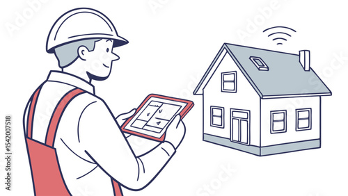 Man in hard hat holding tablet inspecting house with wifi signal on the roof and wearing red overalls