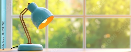 Turquoise Desk Lamp with Light in Front of Window