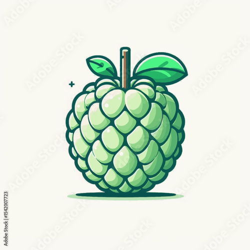 A lightgreen custard apple cartoon fruit with leaves a stem  subtle shading It sits against a plain creamcolored background