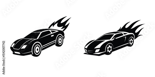 Powerful Sports Car Three Quarter Perspective Blasting Off Silhouette on White Background