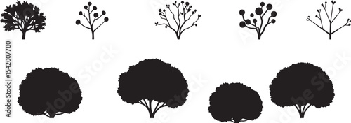 A set of shrubs and trees. Hand drawn vector illustration